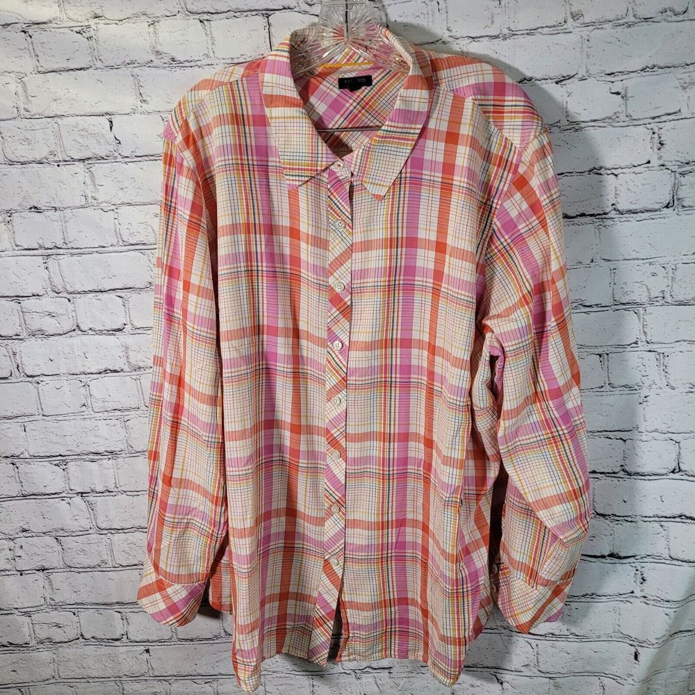 Talbots Button Down Shirt Womens 3X Pink Orange Plaid Excellent Long Sleeve Top